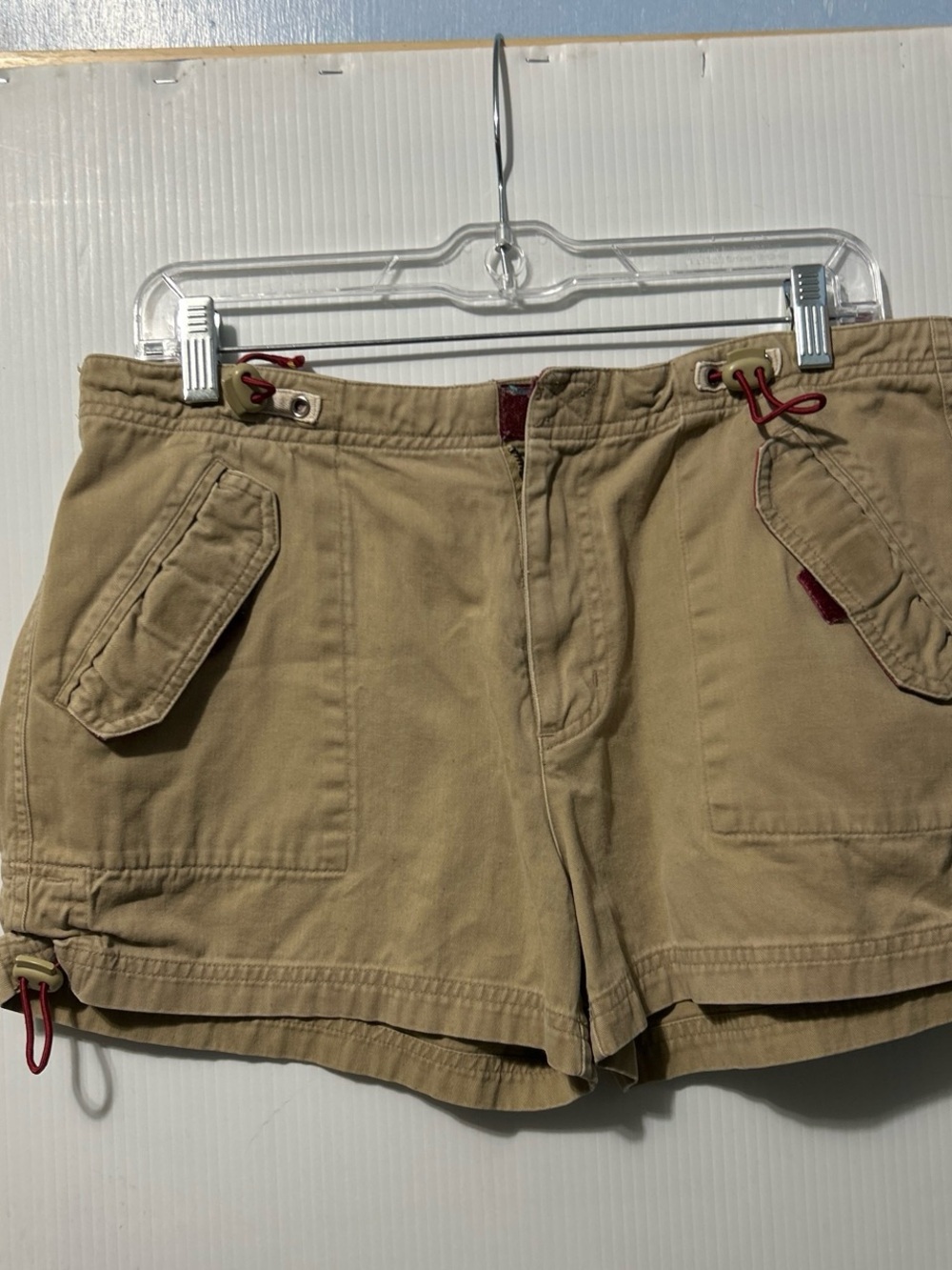 Beige Women's Cargo Shorts with Red Accent Drawcords